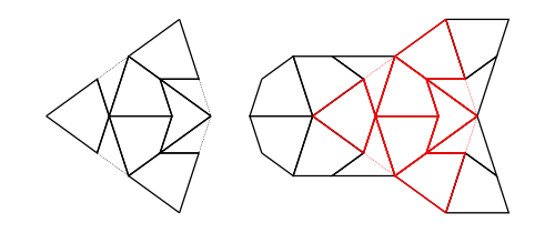 Figure 6: A Tgraph (left) and its forced result (right) with the original shown red