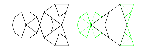 Figure 7: A Tgraph (left) and its (part) composed result (right) with the remainder faces shown pale green